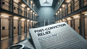 Immagine di una prigione moderna con un documento su cui è scritto 'Post-Conviction Relief', rappresentante l'assistenza legale nell'esecuzione penale, condanna, appello e annullamento della condanna.