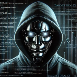 Hacker con volto robotico che rappresenta il cybercrime, cybersicurezza e reati informatici, con la scritta DAGOSTINOLEX. Immagine per studio legale specializzato in assistenza legale contro ransomware, frodi informatiche e truffe via mail.