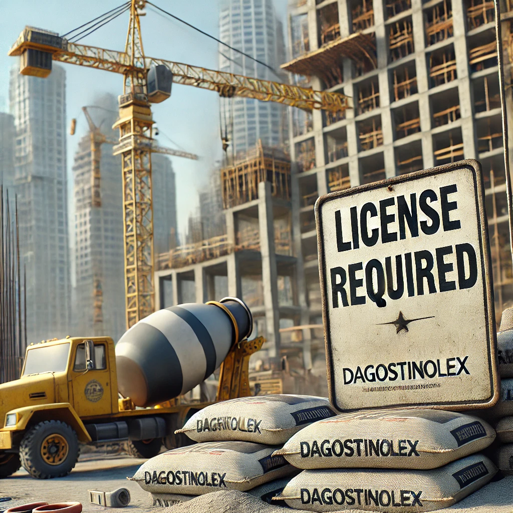 Cantiere edile con cartello 'License Required' e logo DAGOSTINOLEX, riferimento alla patente edilizia e alle normative urbanistiche del D.M. 132/2024.