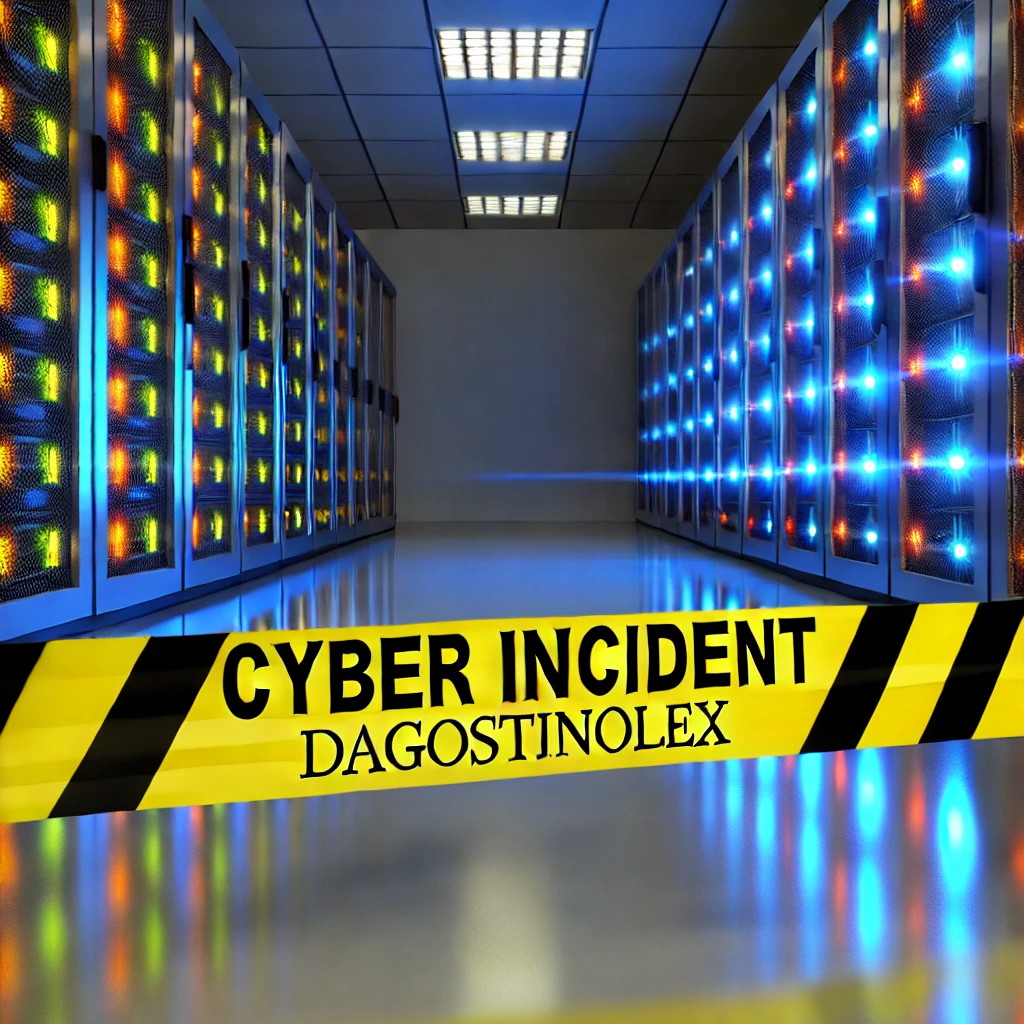 mmagine che rappresenta un data center con nastro di sicurezza e la scritta "CYBER INCIDENT", associata al Regolamento Direttiva NIS 2 e all'attuazione da parte della Commissione europea sulla cybersicurezza e sicurezza informatica. Consulenza legale D'Agostino DAGOSTINOLEX Roma su DNS, social network, TLD, cloud computing.