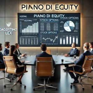 Sala riunioni professionale con grafico su piano di equity, vesting e stock options, consulenza legale a Roma