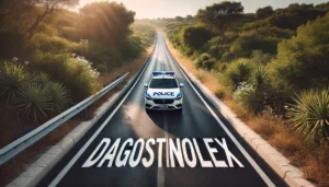 Codice della Strada: immagine di una strada extraurbana con pattuglia della polizia e scritta "DAGOSTINOLEX", per assistenza legale a Roma.