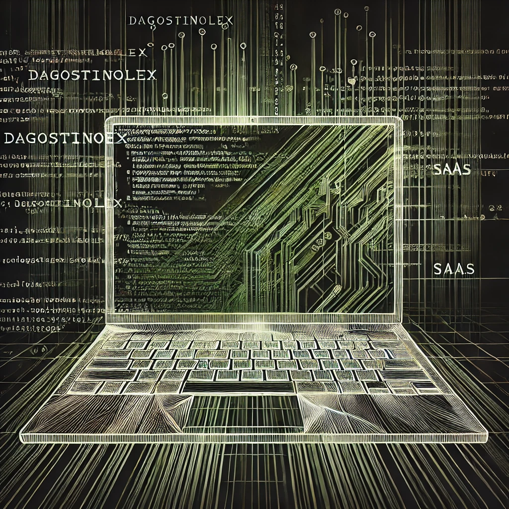 Contratto di licenza in SaaS: immagine astratta con linee di codice verde su sfondo nero, laptop aperto, e scritte "DAGOSTINOLEX" e "SaaS", simbolo della tutela del Software e della proprietà intellettuale.